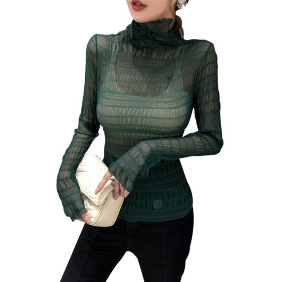 Ochine Women T Shirt Long Sleeve Sheer See Through Lace Tulle Turtle Neck Blouse Casual Fashion Sexy Top Tee Shirts Club Goingout