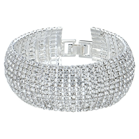 Sparkly Silver Plated Rhinestone Crystal Wide Multi-layer Chain Bracelet for Women Wedding Prom Costume Jewelry
