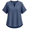 thumbnail image 5 of Oversized Tshirts for Women Casual Linen Cotton V Neck Short Sleeve Tops Loose Comfy Blue Summer Tops for Women, 5 of 9