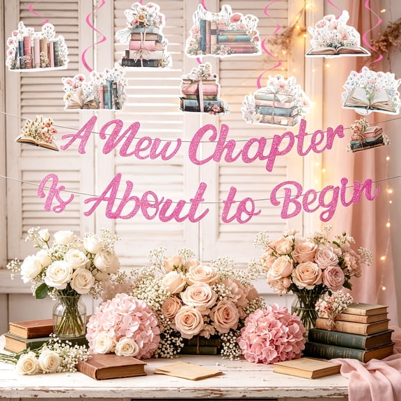 New Chapter Wildflower Book Theme Party Decorations - Banner with 8 Spiral Hanging Ornaments Set