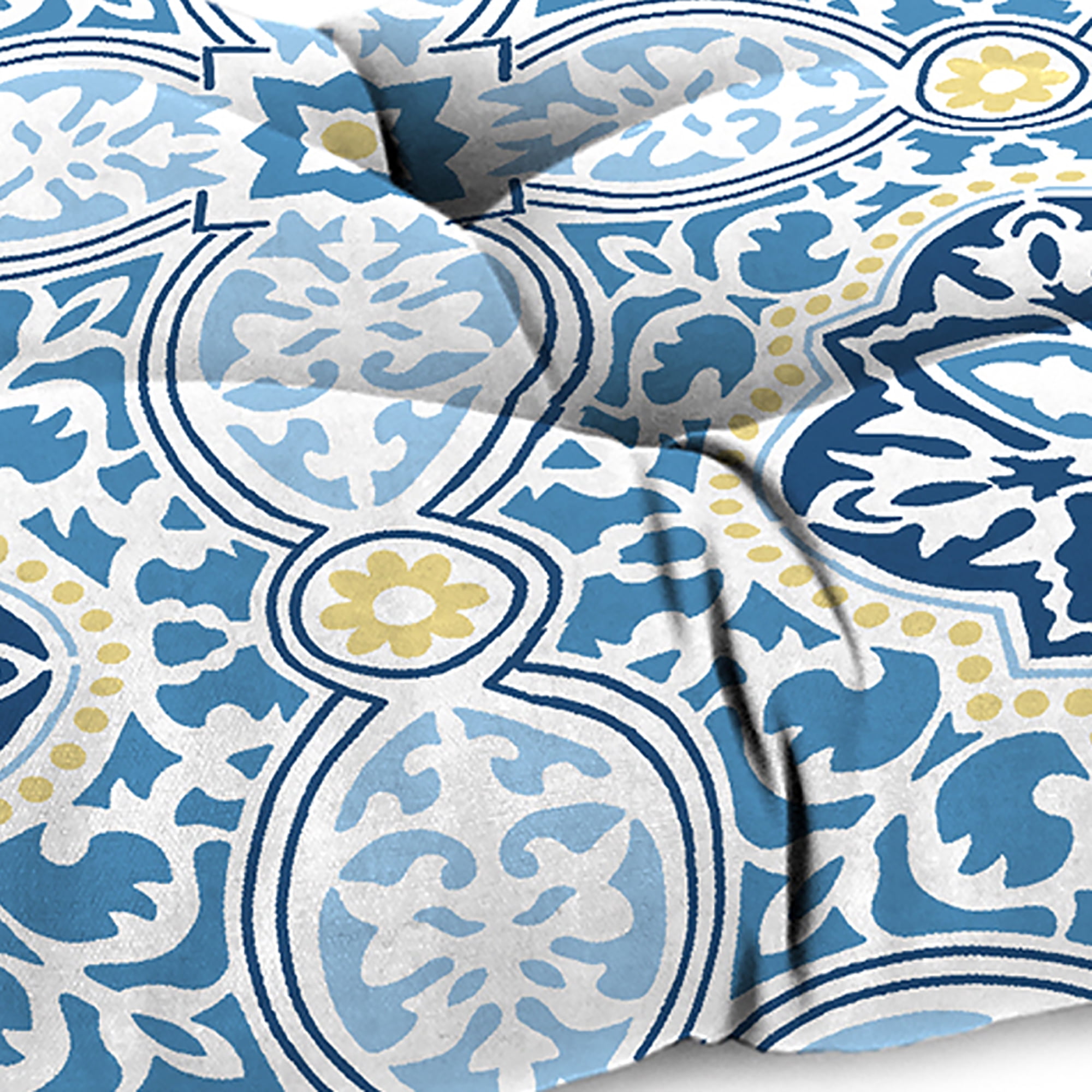 Jordan Manufacturing 44" x 18" Rave Sky Blue Quatrefoil Rectangular Tufted Contoured Outdoor Wicker Settee Bench Cushion
