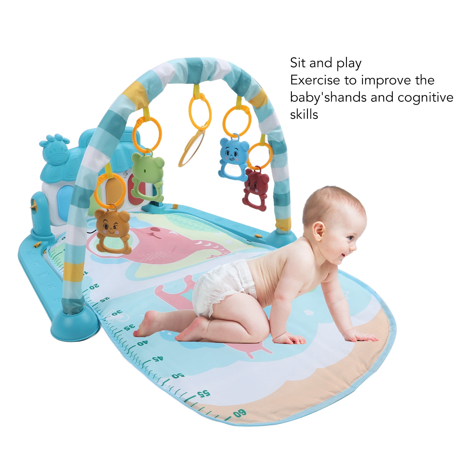 BIMZUC Baby Gyms Play Mat Infant Activity Play Piano Tummy Time Mat with Hanging Rattles Elephant and Rhinoceros Pattern, Multicolor