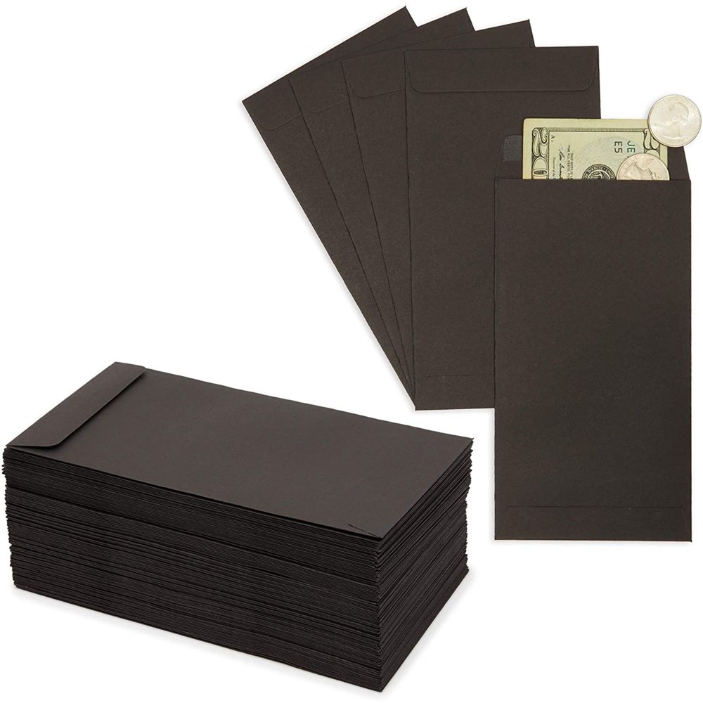 100 Pack Currency Envelopes for Cash Gift Cards, Money, Coins, Black, 3