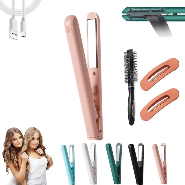 Mini plancha de pelo y rizador inalámbrico, recargable por USB, herramienta de peinado de cerámica 2 en 1, color rosa.