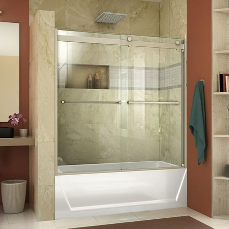 - DreamLine Essence-H 56-60 in. W x 60 in. H Semi-Frameless Bypass Tub Door in Brushed Nickel