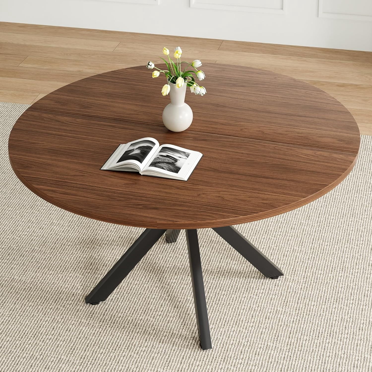 Farini 47" Round Dining Table, Mid-Century Modern Wood Table with Metal Base, Seats 4-6, for Kitchen or Dining Room, Walnut