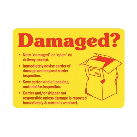 DAMAGED? Package Label with Instructions, 1.75" x 2.4375", Red & Yellow, Dispenser Box - Roll of 500