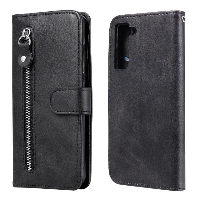 Estuche de Cuero PU con Cierre para Samsung Galaxy S21 FE 5G , Funda Protectora con Billetera y Correa