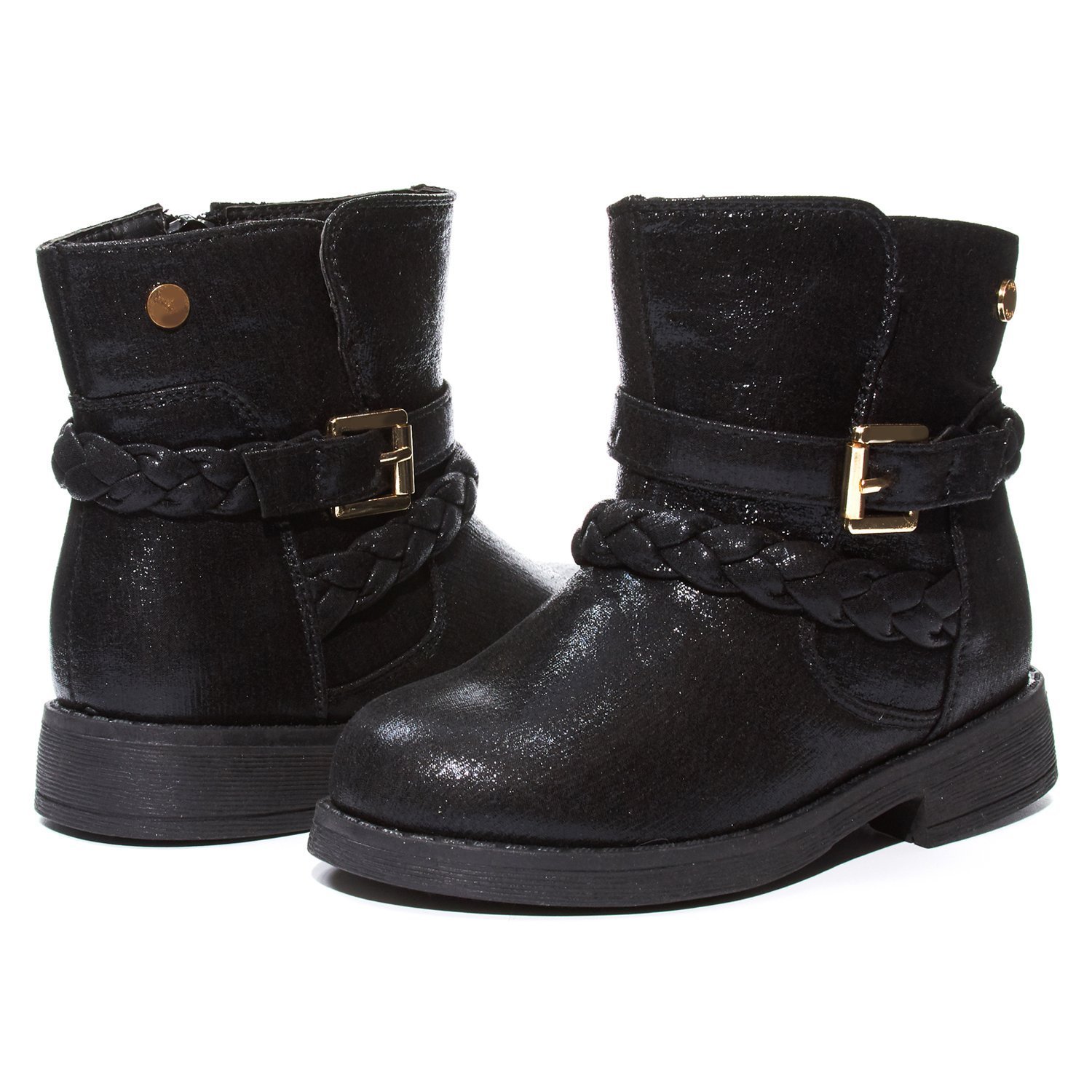 Sara Z Girls Shimmery Boots with Braided Staps, Black/Gold, Size 12