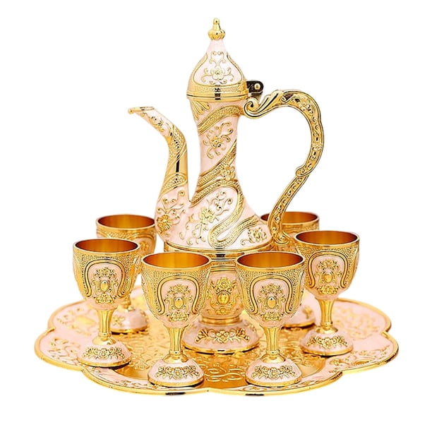 Juego de Cafeteras Turcas Vintage, Juegos de Té Medianos, Artesanía con 6 Tazas, Bandeja de Té Artesanal, Tetera, Juego de Garrafas de Metal Decorativ Blanco Baoblaze Vasos
