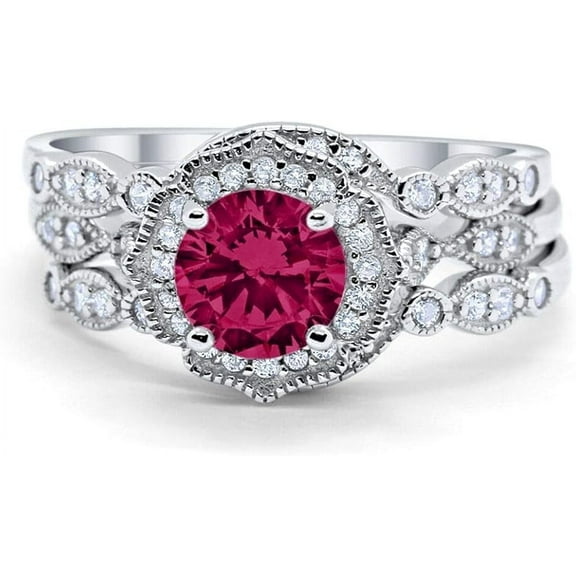 Dreamofdazzles Jewels 925 Sterling Silver 2.45 Ct Round Cut Red Ruby Wedding Engagement Thanksgiving Christmas Bridal Ring Set 14K White Gold Plated For Women's -4