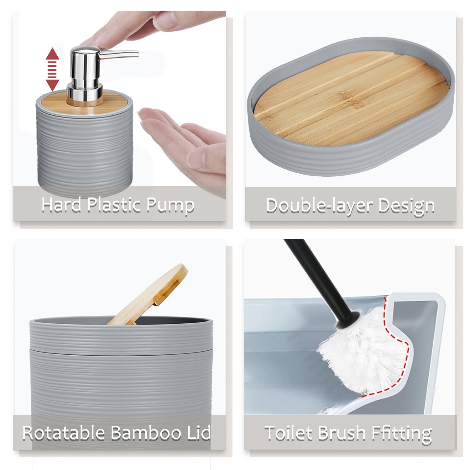 CERBIOR Bathroom Accessories Set 6 Pcs Bathroom Set Ensemble Complete Soap Dispenser Toothbrush Holder Tumbler Soap Dish Toilet Cleaning Brush Trash Can, Grey