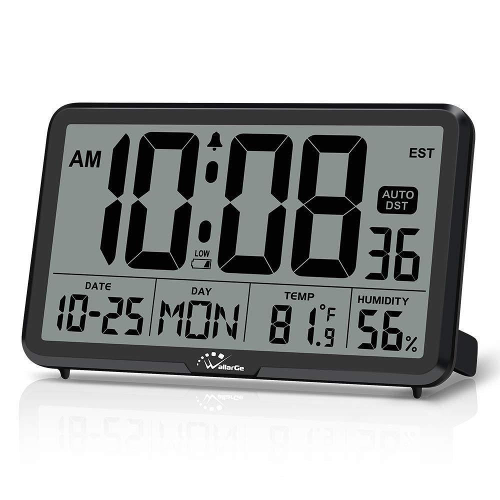 WallarGe Digital Wall Clock, Autoset Desk Clocks with Temperature, Humidity  and Date, Battery Operated Digital Clock Large Display, 8 Time Zone, Auto  