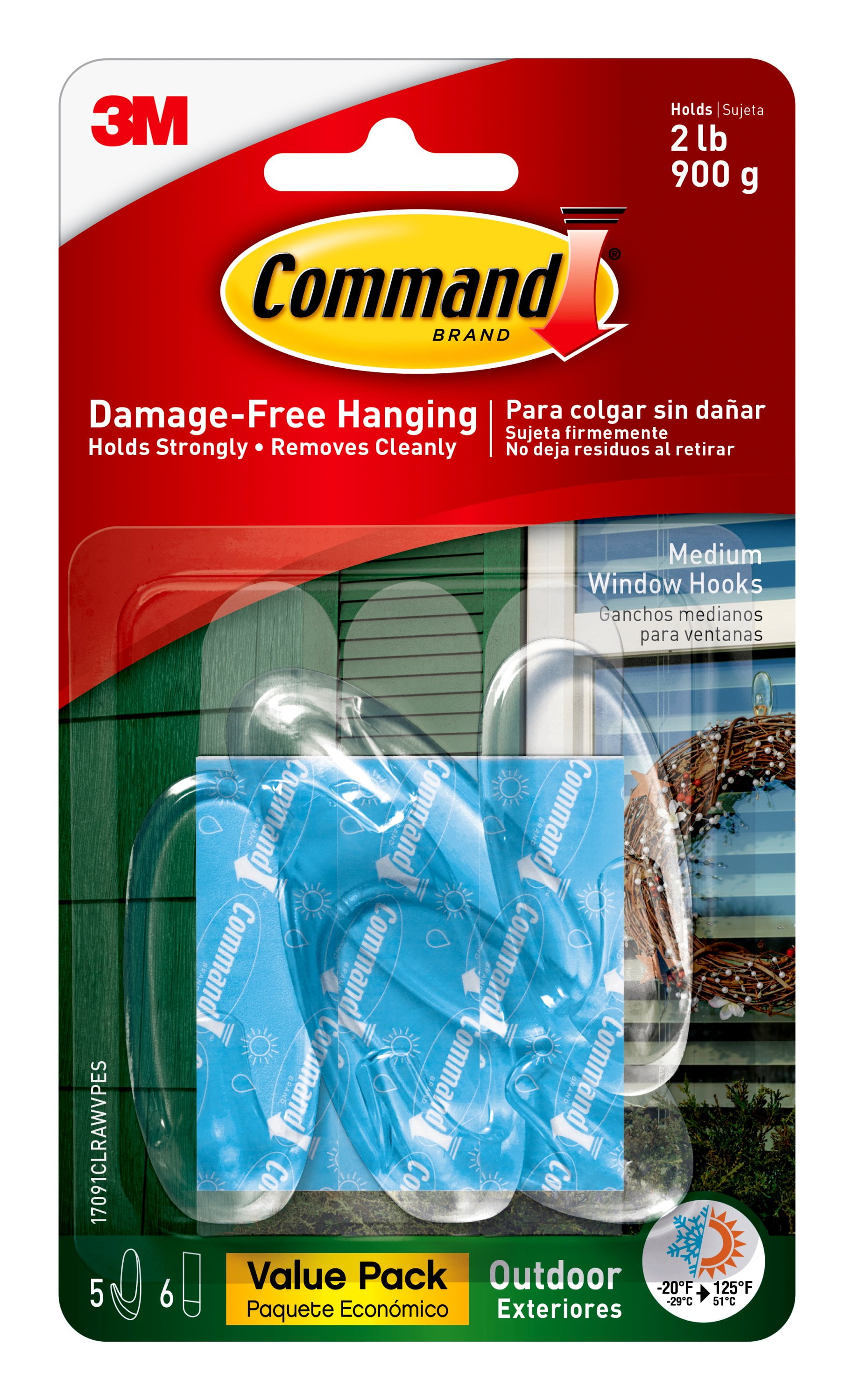Command Outdoor Window Hooks, Clear, Medium, 5 Hooks, 6 Strips