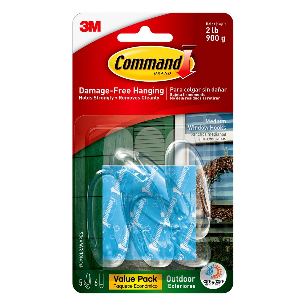 Command Outdoor Window Hooks Value Pack, Clear, Medium, 5 Hooks, 6