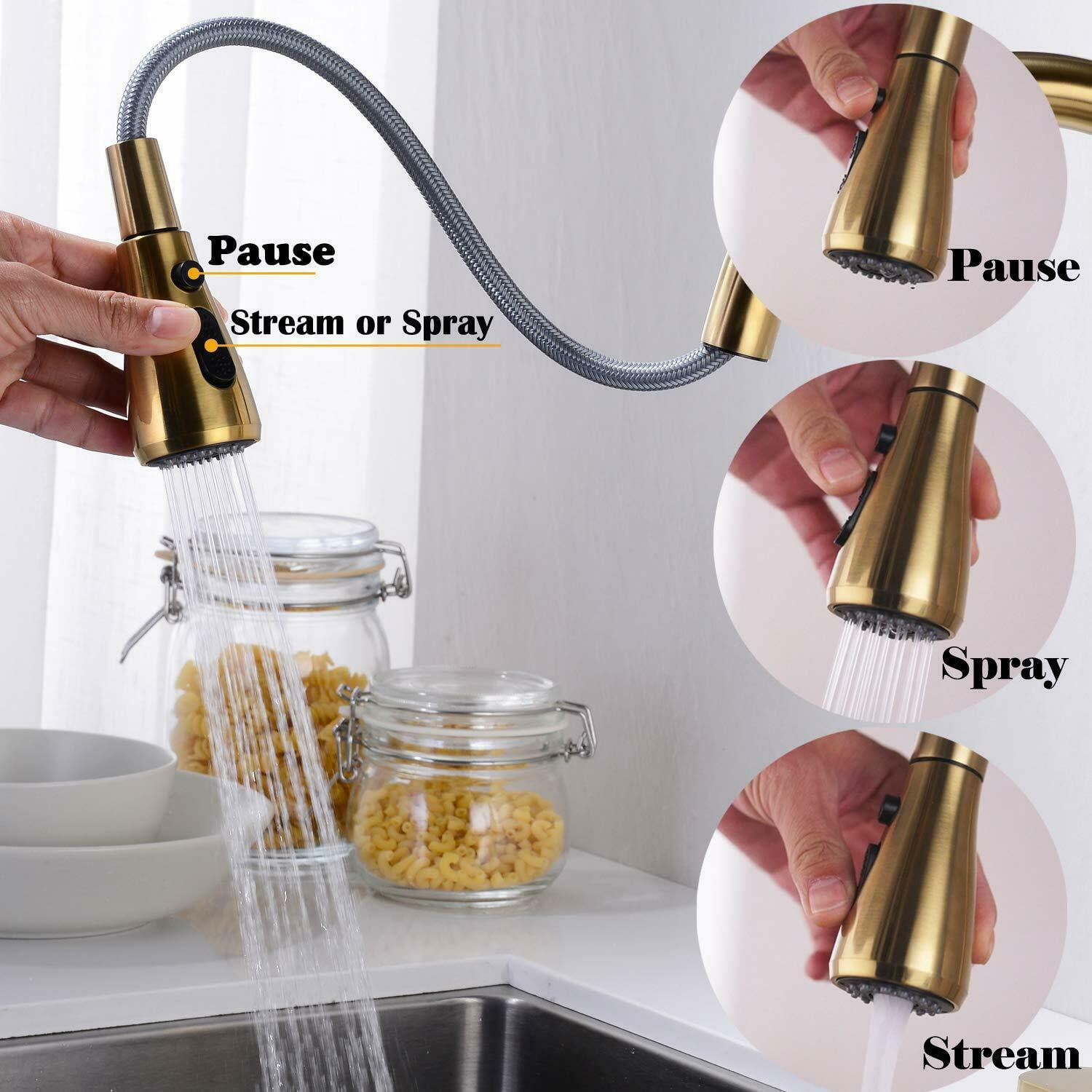 Brushed Gold Kitchen Sink Faucet Pull Down Mixer with Cover