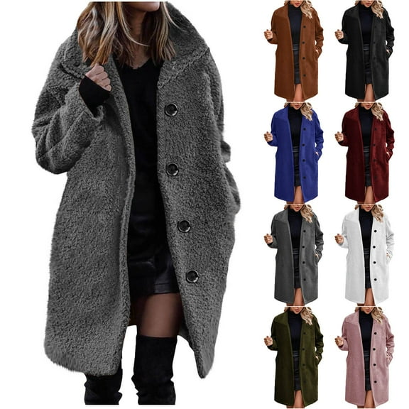 Antinious Womens Solid Fleece Jacket Women Long Sleeve Button Front Coat with Pockets,Warm Trench Coat,Casual Winter Coats for Women,Army Green,XL