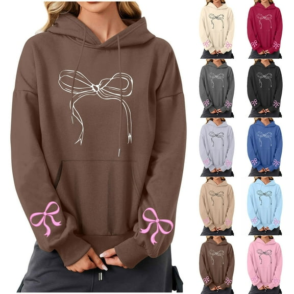Nmnitkp Hoodies for Women Comfortable Hoodies Y2K Casual Printed Round Neck Long Sleeved Loose Hooded Sweatshirts Brown,L