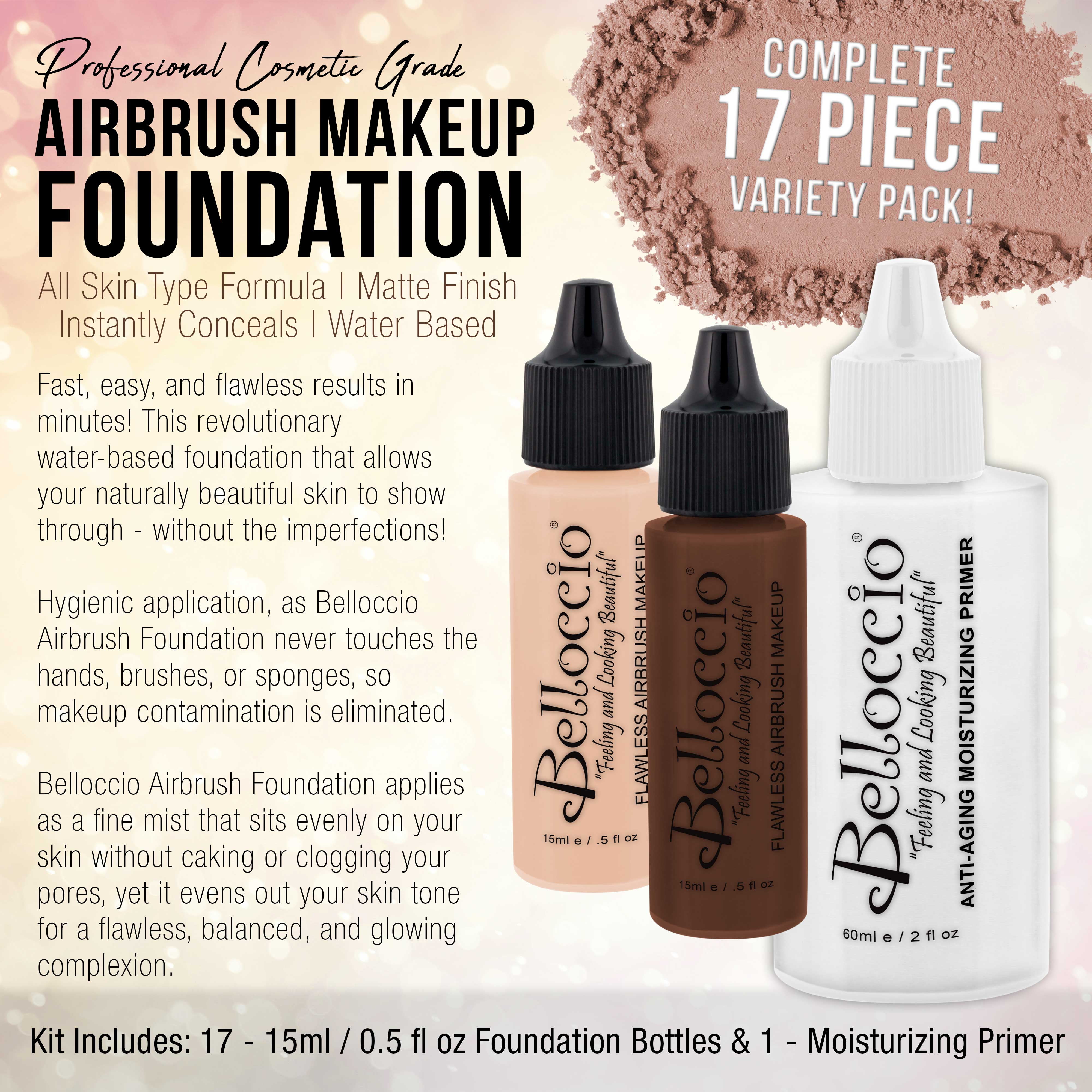 Belloccio 17 SHADE Airbrush Makeup FOUNDATION SET Fair Medium Tan Dark Face Kit
