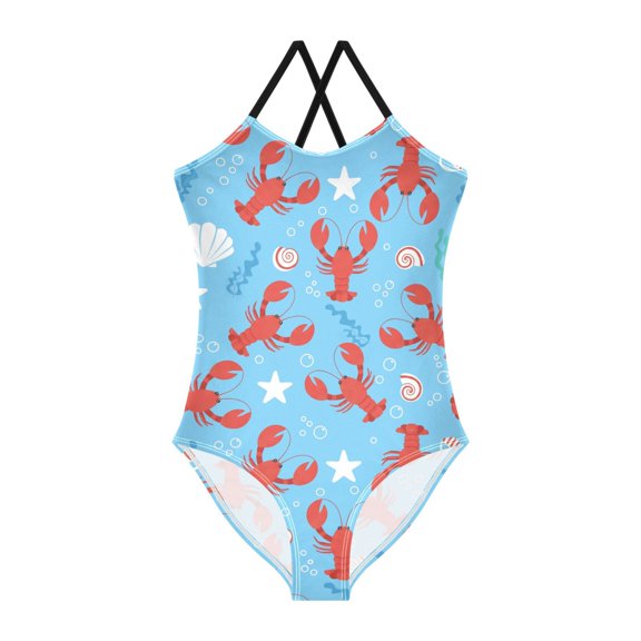 Spaghetti Strap Crayfish Shells One Piece Swimsuit Stretch Beach Sport Bathing Suit Size 3T-10T