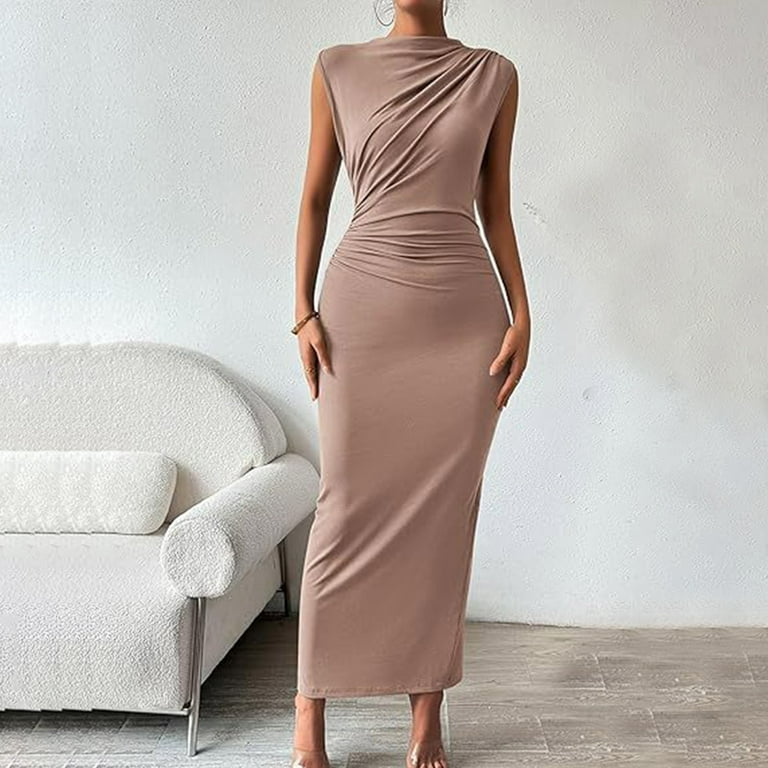 Oplxuo Ruched Mock Neck Bodycon Dress for Women Elegant Summer Sleeveless Midi Cocktail Party Pencil Dresses, Women's, Size: Small, Beige