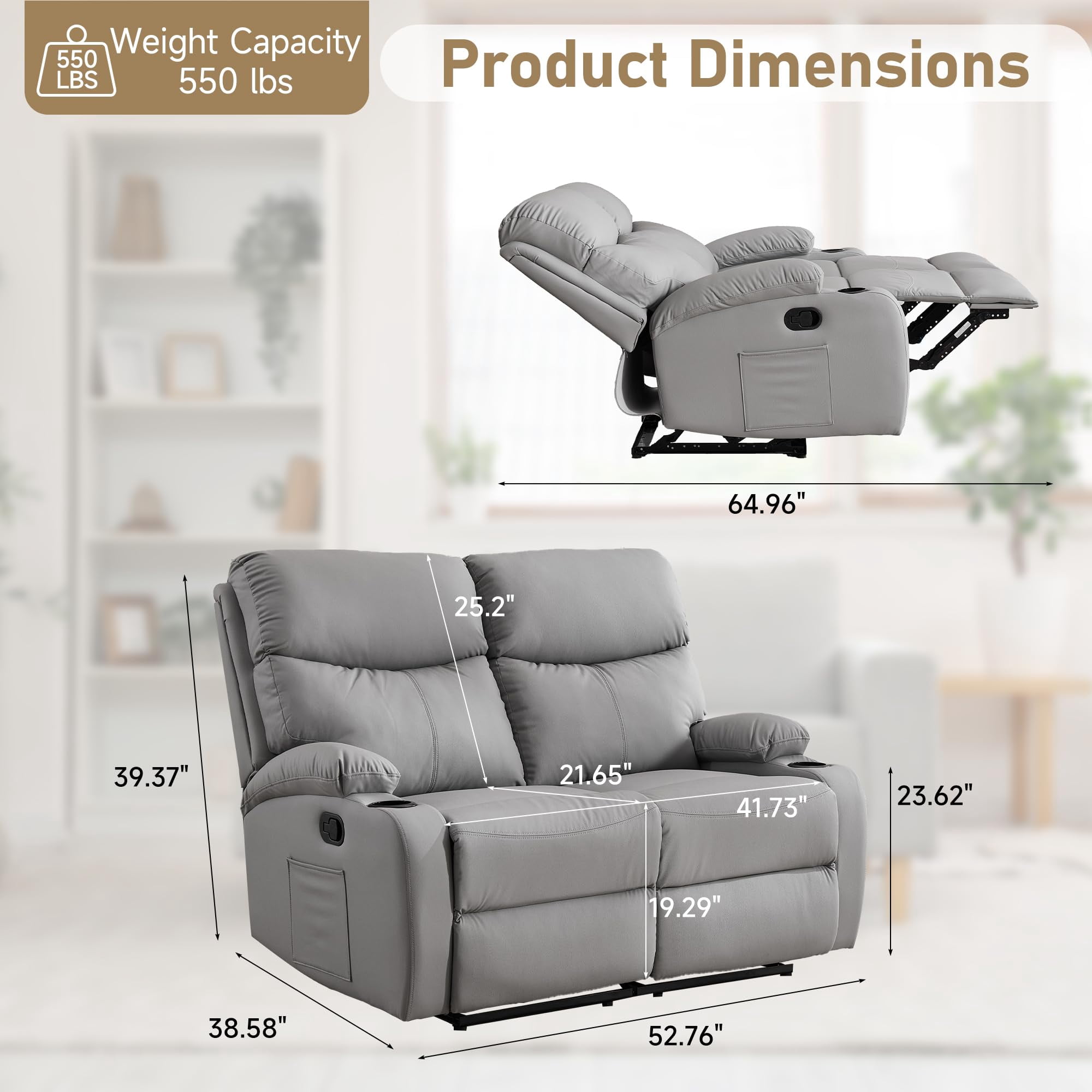 2-Seater Faux Leather Double Recliner Couch with Storage Pockets for Couples Movie Nights Light Grey Reclining Loveseat Sofa Cozy Living Rooms