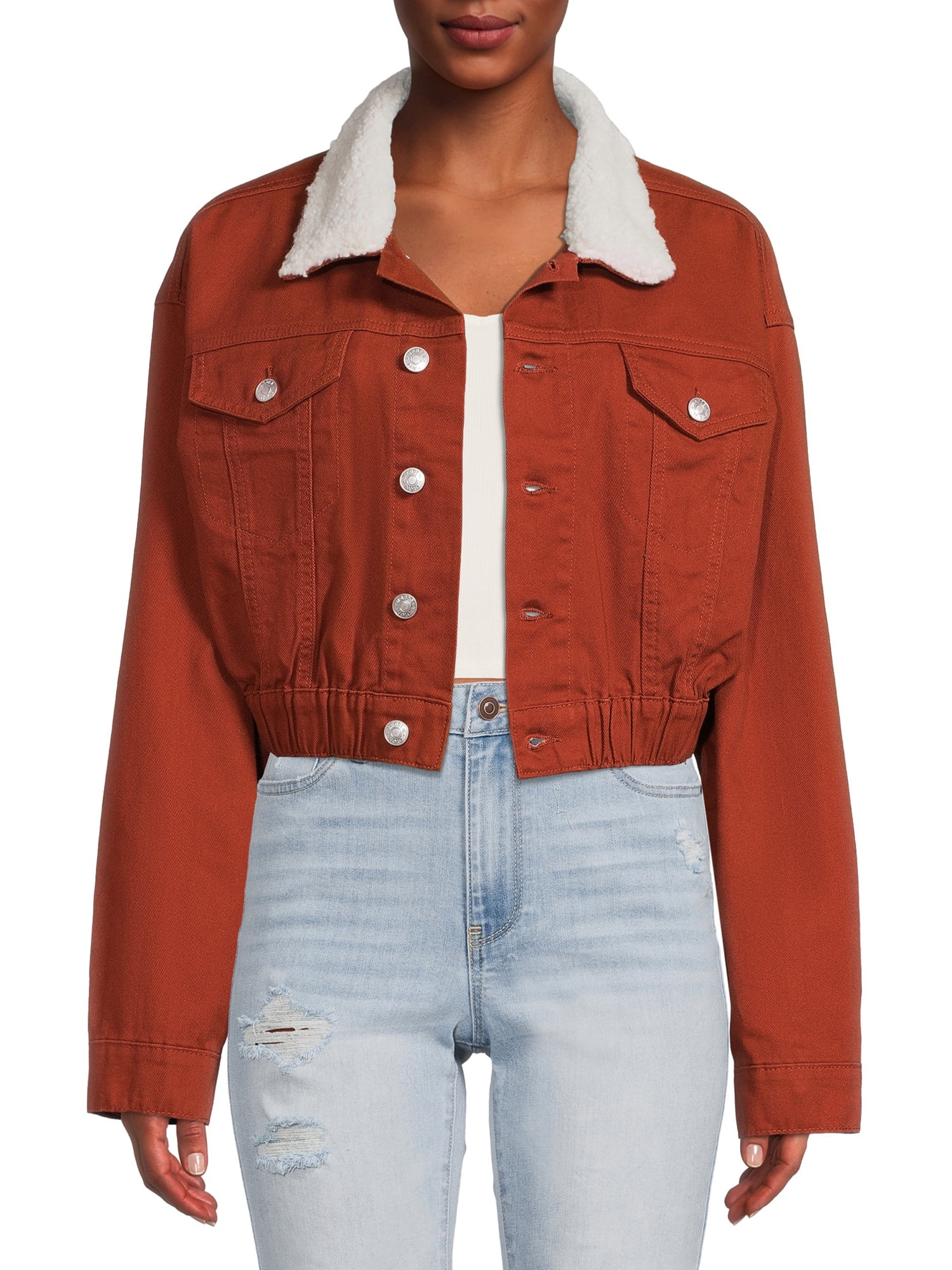 Madden NYC Junior's Cropped Denim Jacket with Faux Sherpa Collar