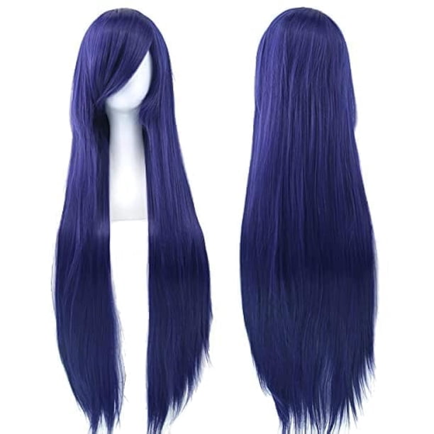 Zhuge Pelucas de cabello natural liso de 80 cm de largo con flequillo para cosplay, peluca colorida para fiesta de disfraces de Halloween para niña (azul oscuro)
