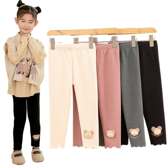 Godderr Toddler Kids Girls Winter Cute Bear Plush Leggings Baby Fleece Bottoms Warm Tights Pants Thickened Trousers for 2-10 Years Old