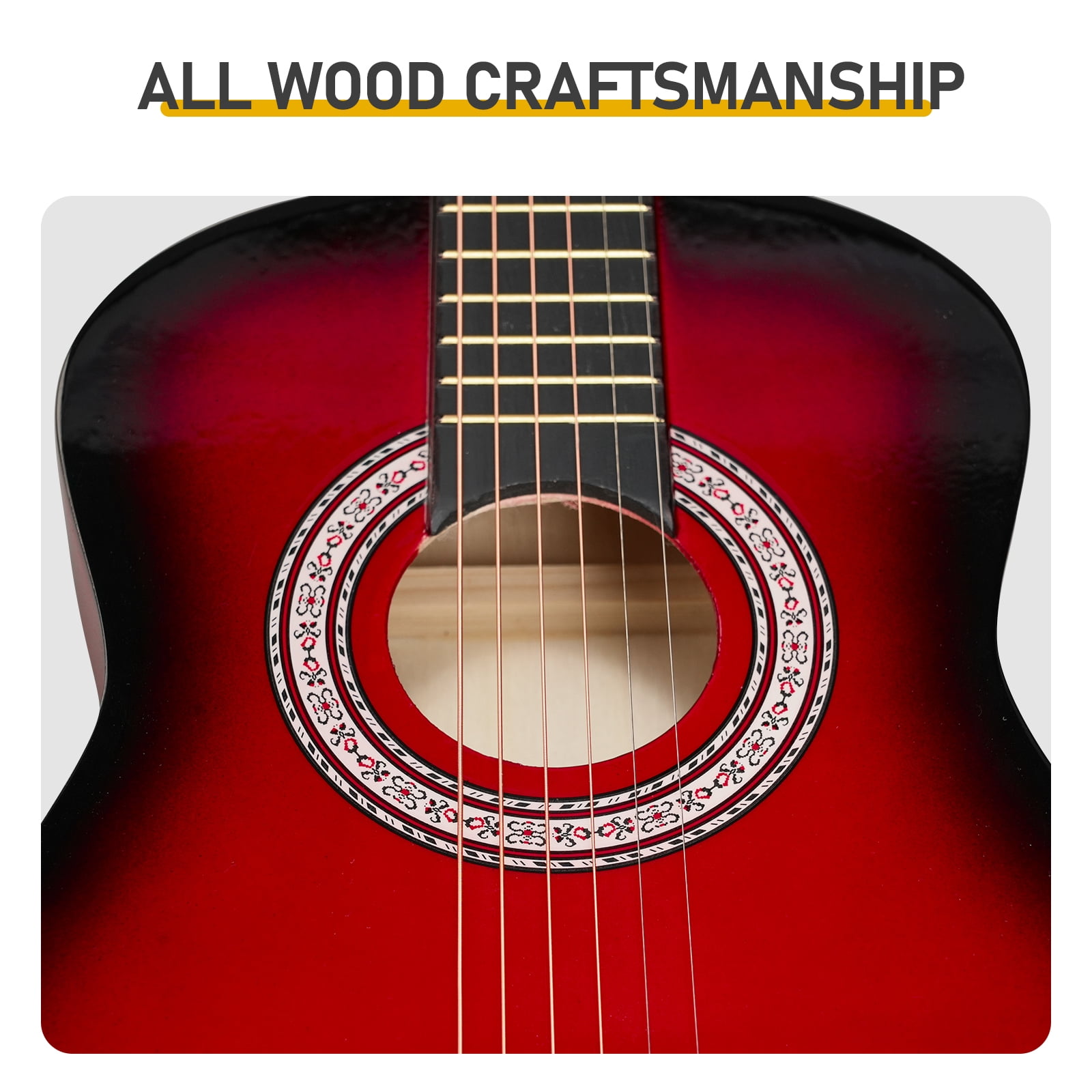 Turn red 30-inch Round Acoustic Guitar with Picks, Strings, Capo, Case, Tuner, and Strap