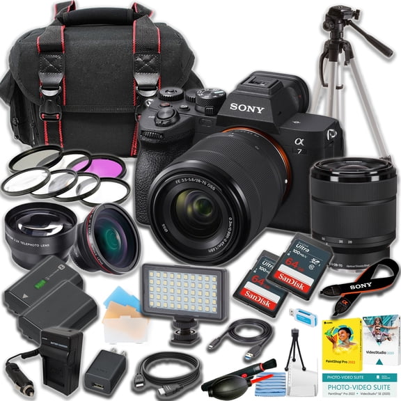 Sony a7 IV Mirrorless Camera with 28-70mm lens   2pc 64GB Ultra Memory Card   LED Light   Tripod   More (21pc Bundle)(International Version)