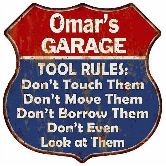 Omar's Garage Man Cave Rules Sign Shield Metal Gift 211110001100