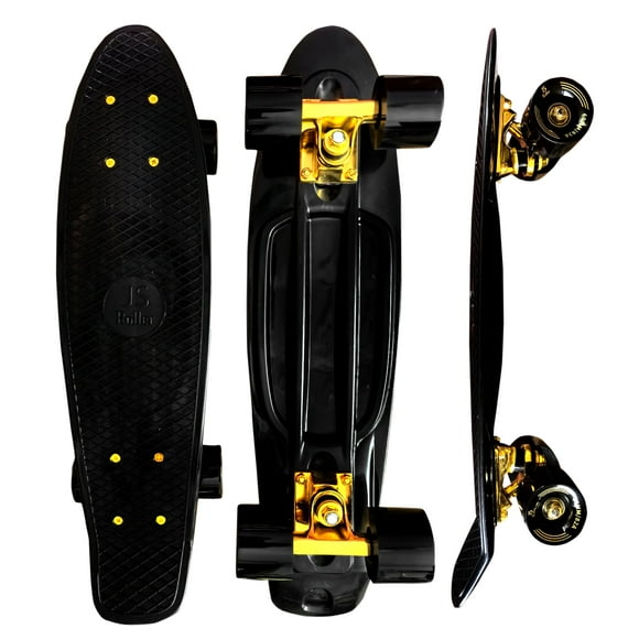 JS Roller Patineta penny board de 22 pulgadas para niños, adultos con llantas de goma y superficie antiderrapante black gold