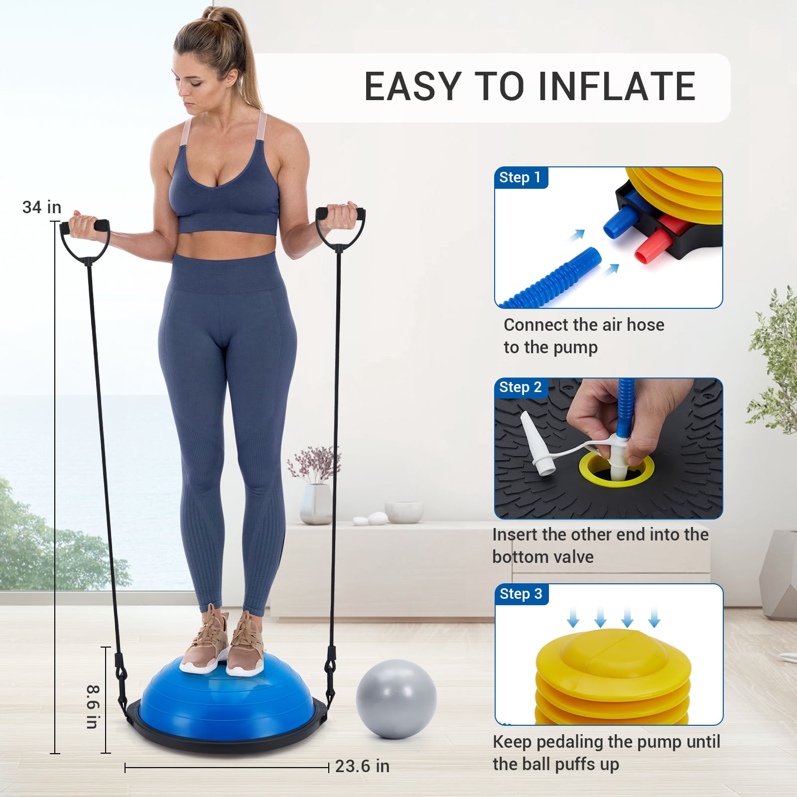 Accreate 25 Inch Half Balance Ball Trainer, Heavy Duty 1600 Lbs Capacity Stability Ball With Nonslip Base, Inflatable Design, 2 Resistance Bands, Pump, And Extra Ball For Home Fitness