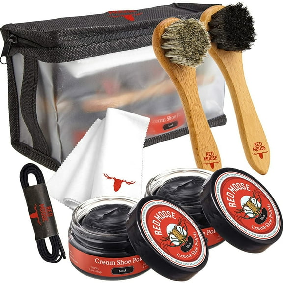 Red Moose Full Leather Shoe Polish Kit with Brushes, Creams, Cloth and Lace, Black