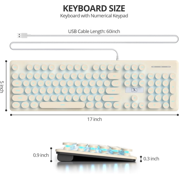 TTTYBA-Wired Retro Typewriter Keyboard, Quiet Full Size Membrane Keyboard Light Up, Cute Computer Keyboards, 104 Round Keys, Blue LED Backlit, Slim, Silent for Windows PC, Laptop