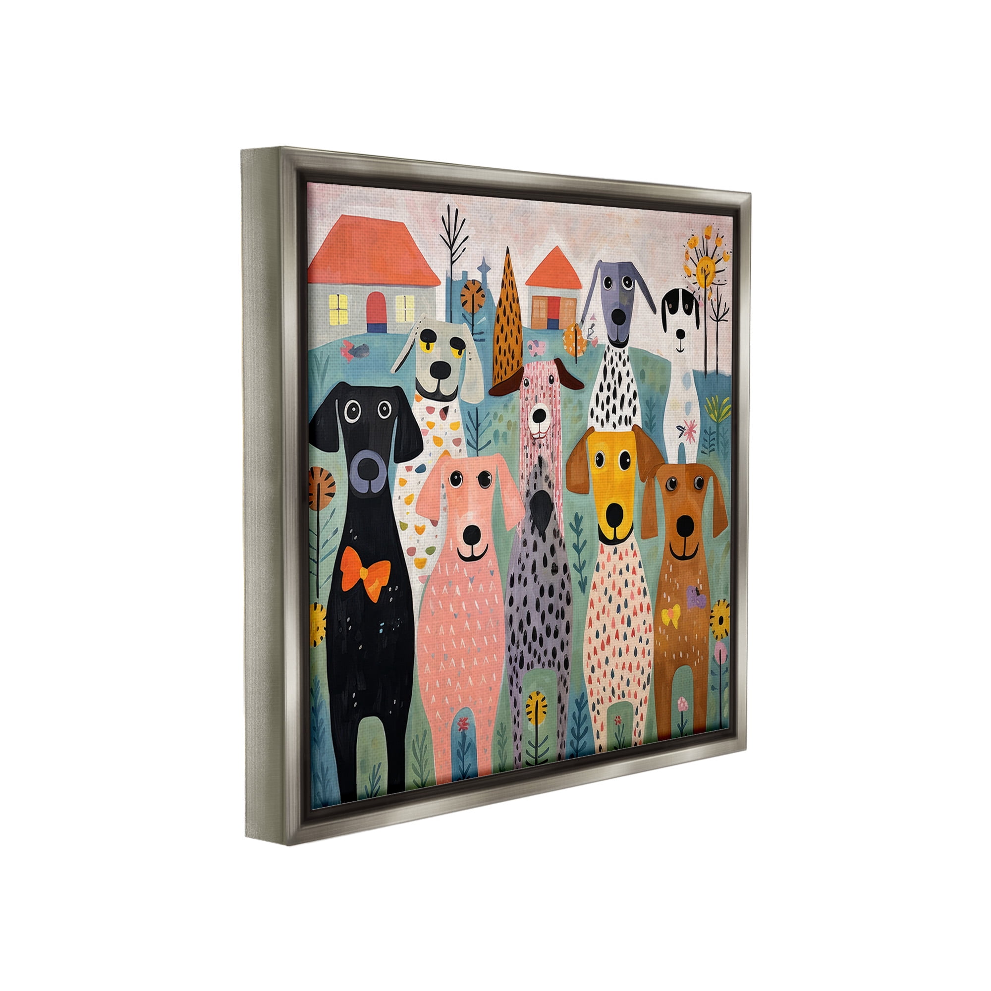Stupell Industries Patterned Dogs & Flowers Animals & Insects Painting Gray Floater Framed Canvas Art Print Wall Art, 18 x 18