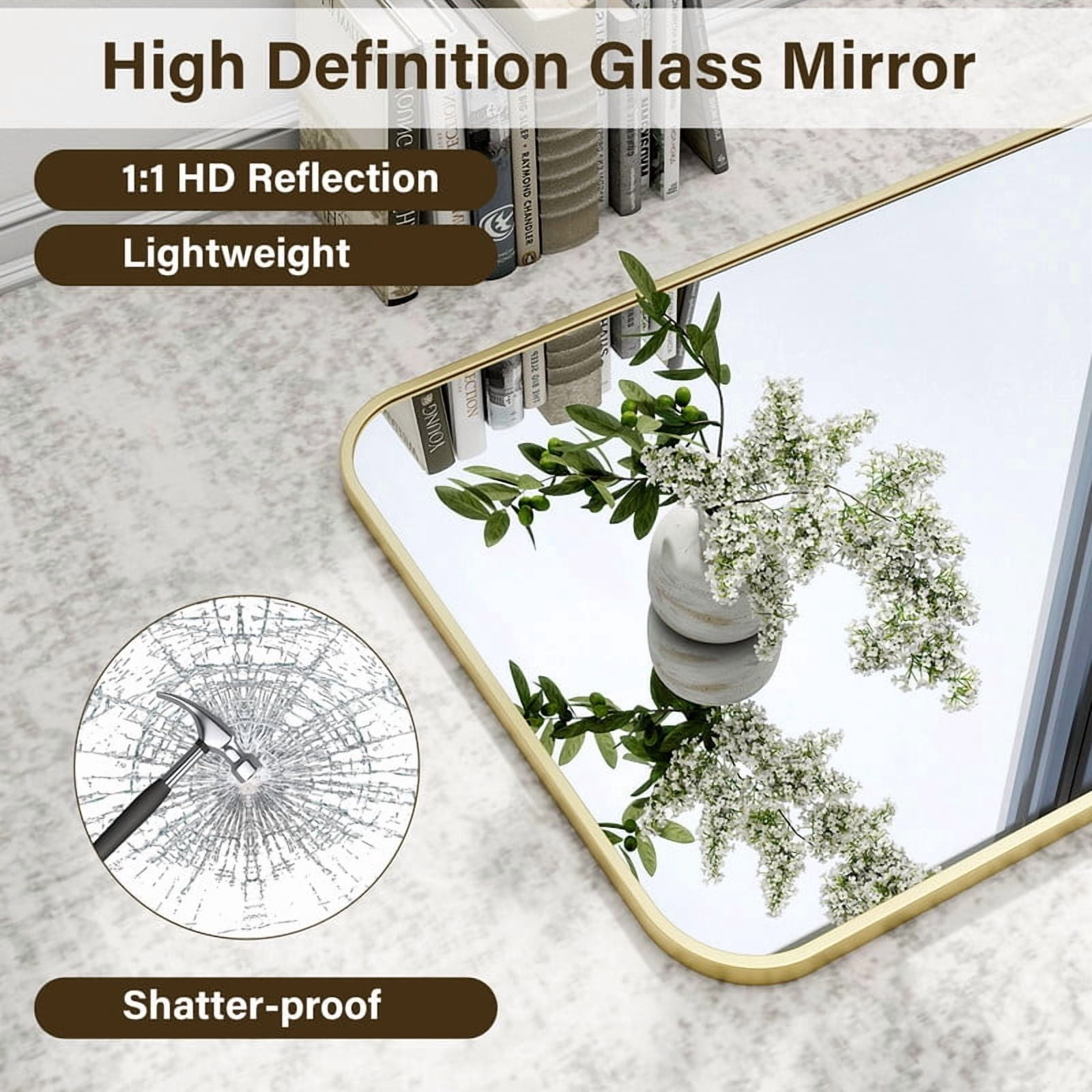Easy4Home 36"x24" Rectangular Bathroom Mirror Hanging Rounded Corners Vanity Mirror Wall Mounted, Gold