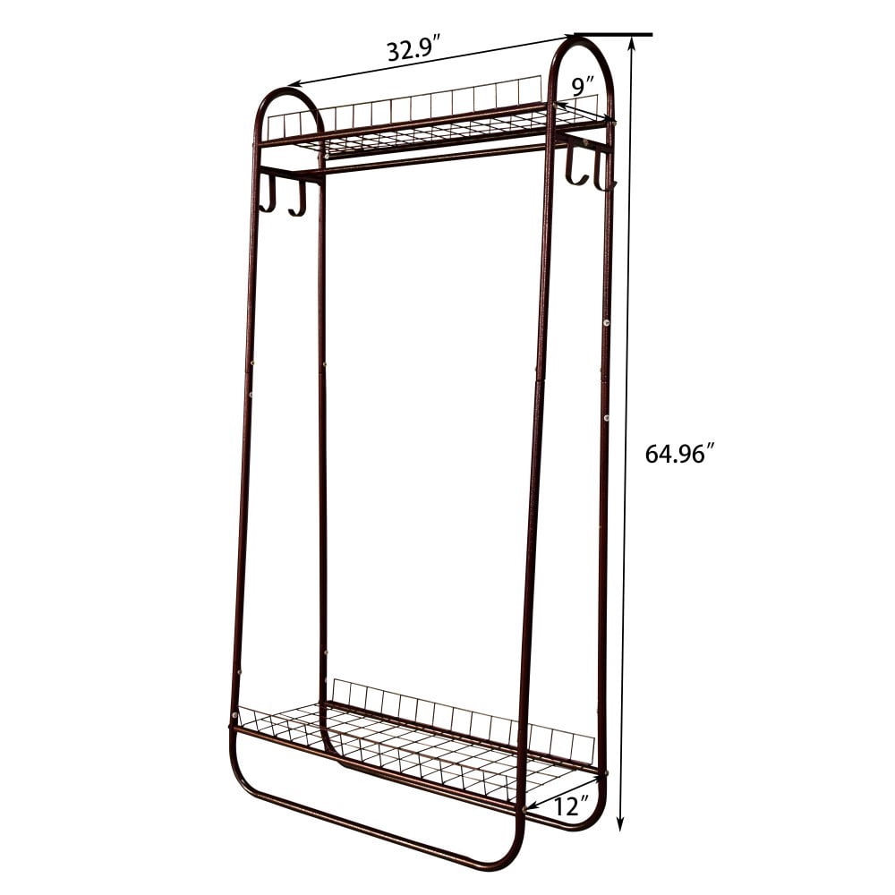Heavy Duty Garment Rack, Freestanding Metal Clothes Rack with Double Shelves, 200 lbs Capacity, Portable Rolling Clothing Rack, Brown