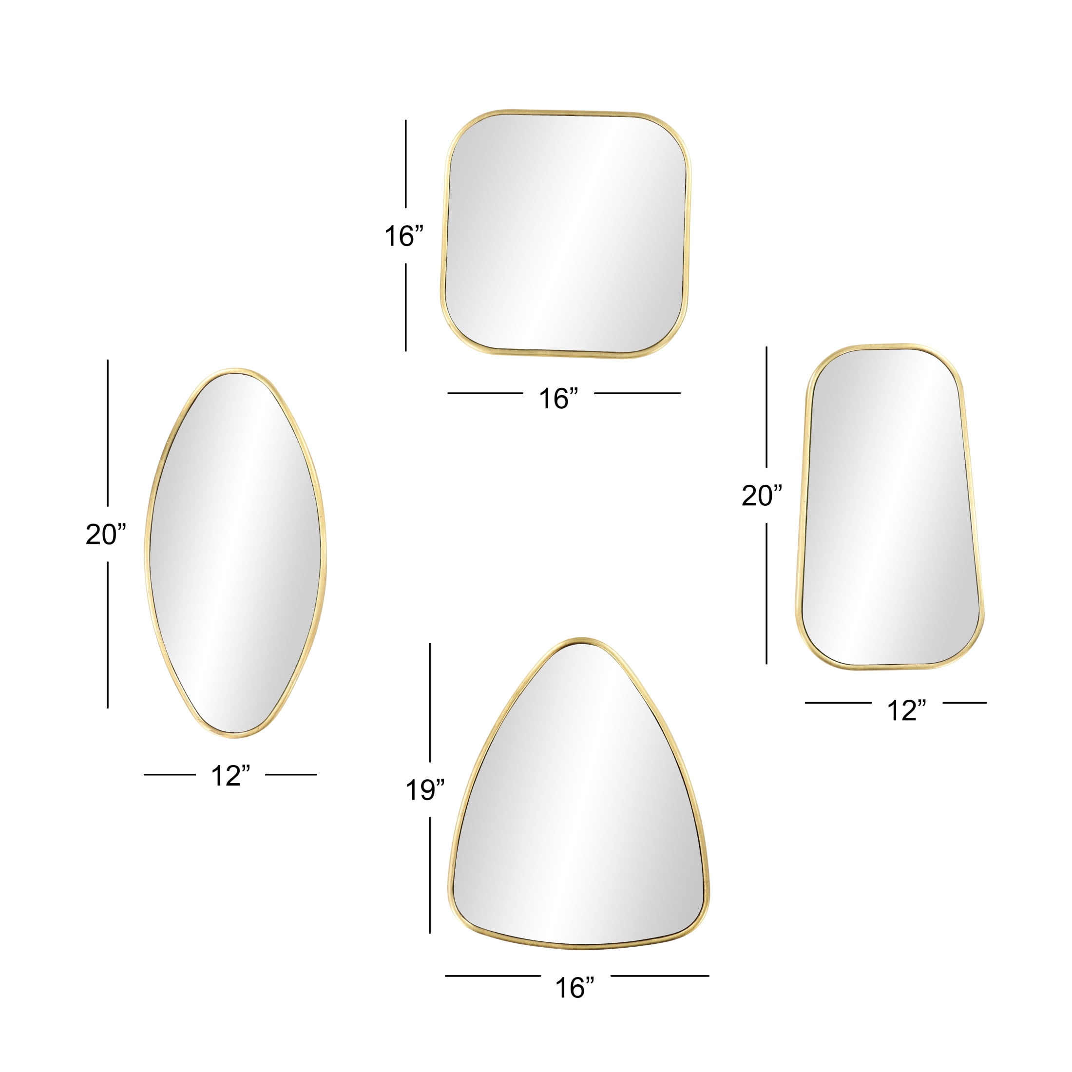 CosmoLiving by Cosmopolitan 20", 16", 21", 24"H Gold Wall Mirror with Varying Shapes, Set of 4