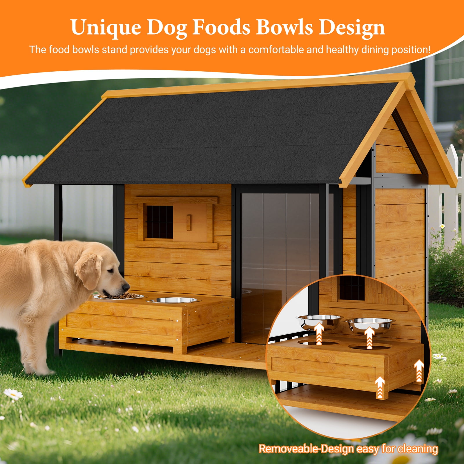 HomeSheek Premium Large Outdoor Dog House with Insulated Liner & Bowl Stand, Durable Iron Frame, Weatherproof Roof, Easy Assembly, Spacious Kennel