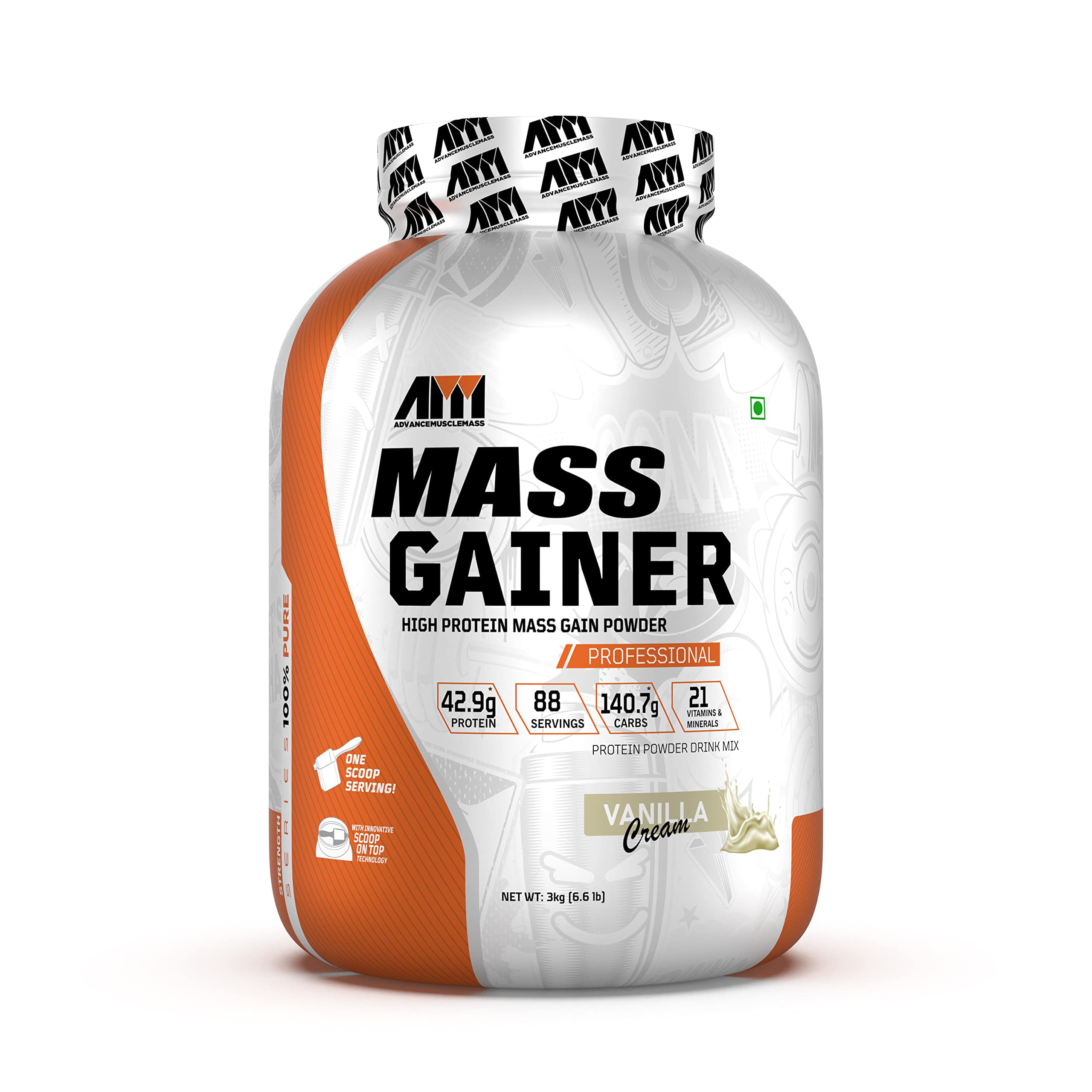 Advance MuscleMass Mass Gainer Powder with Enzyme Blend  G Protein |   G Carbs ( Vanilla Flavour | 3 Kg /  lb , 88 Servings ) -  