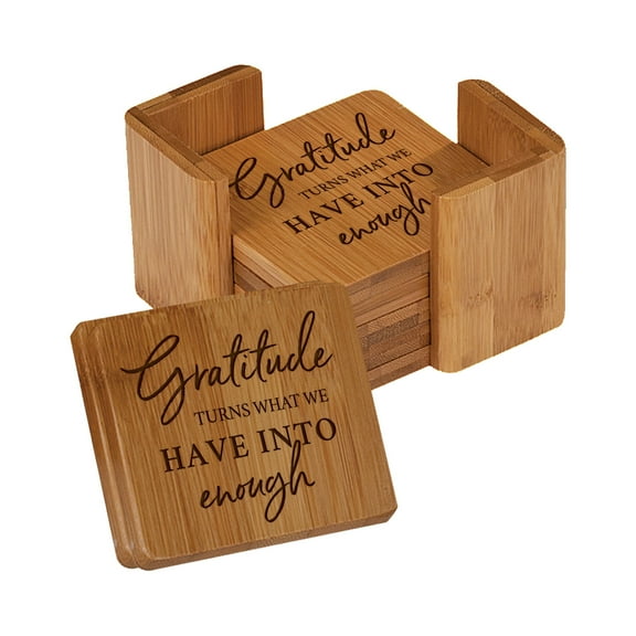 Modern Family Home 6pc Bamboo Coaster Set With Holder 4.5x4.5 – Gratitude Turns What