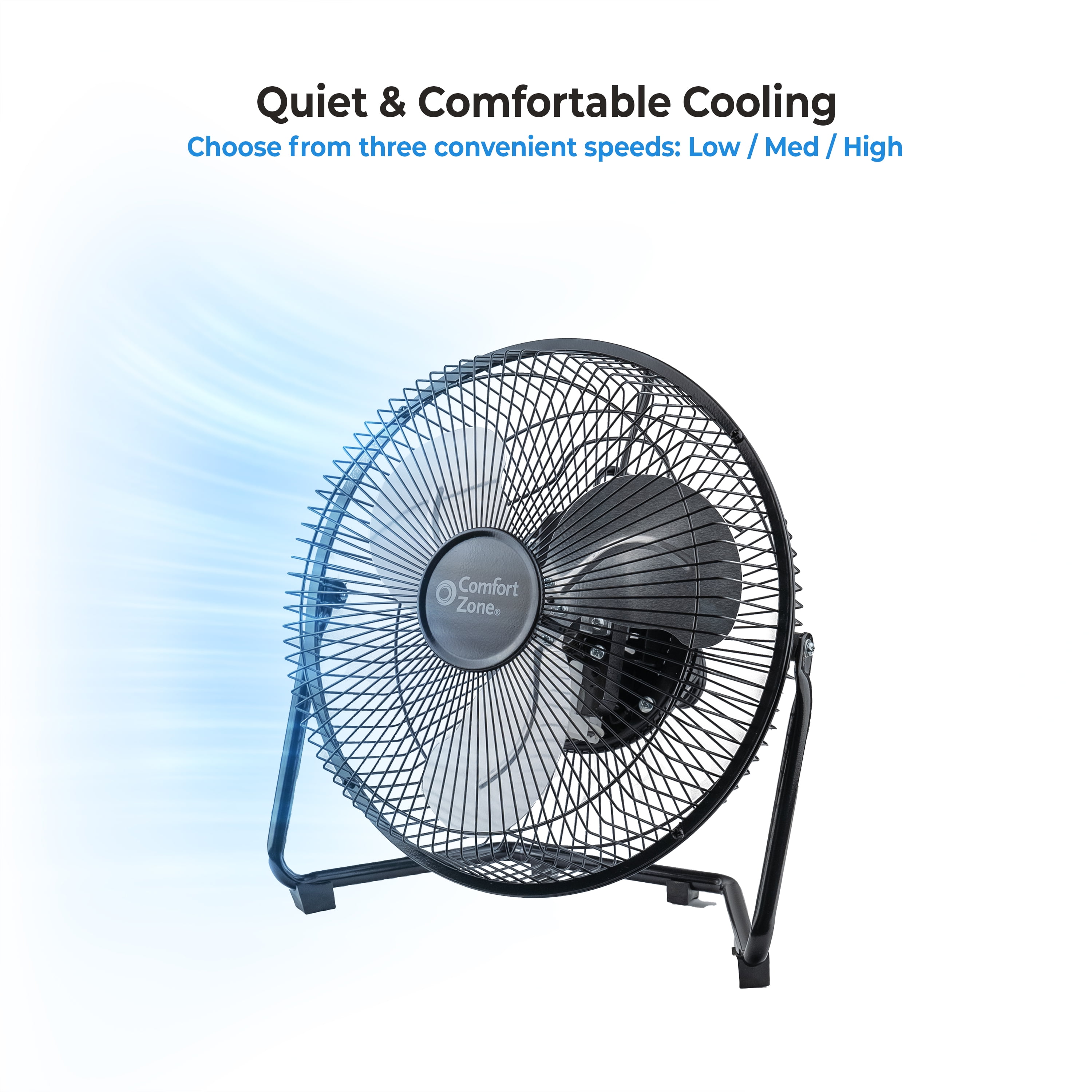 Comfort Zone 9" Cradle Floor Fan, 3 Speed, Electric, 180 Degree Adjustable Tilt, All Metal, Carry Handle, Rubber Feet, Table Fan, Airflow 12.57 ft/sec, Ideal for Home, Bedroom & Office, CZHV9B
