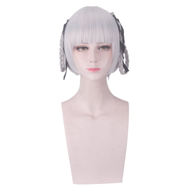 Peluca corta para cosplay, gris plateado, con trenzas laterales, 40 cm