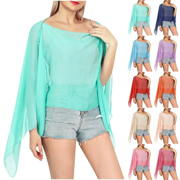 Eiyaclvo Womens Swimsuit Cover Up Chiffon Tops Bikini Swimwear Sheer Cover-Ups Summer Bathing Suit Beach Cover Up Pullover Top