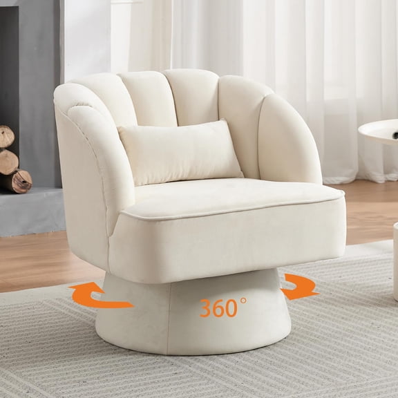 GARVEE 360° Swivel Barrel Chair,Velvet Accent Armchair with Cloud-Like Padding & Modern Striped Backrest for Living Room,Bedroom & Office,Beige