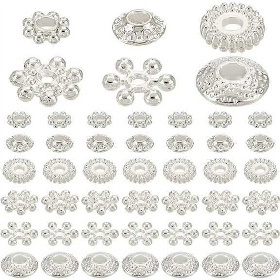 300PCS 6 Styles Metal Spacer Bead Silver Alloy Daisy Beads Bicone Flower Beads Flat Rondelle Snowflake Loose Beads Charms for Bracelet Necklace Earring Jewelry Making Supplies