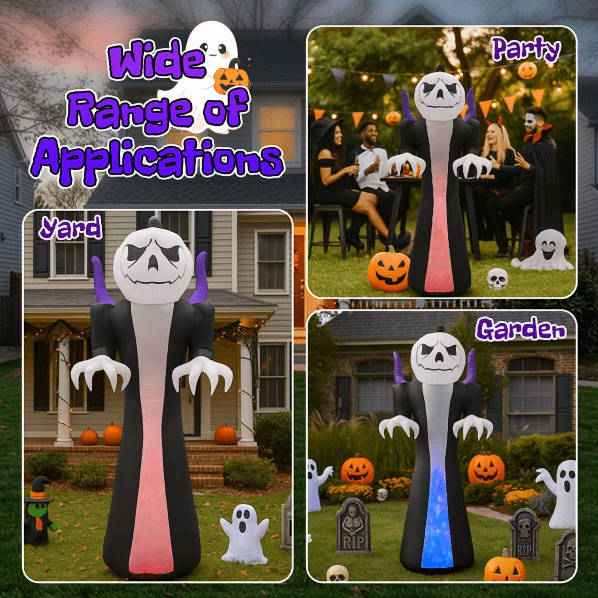 Alvantor 12 ft Pumpkin Head Grim Reaper Halloween Inflatable with 3-Color LED Flame Light, Black and White
