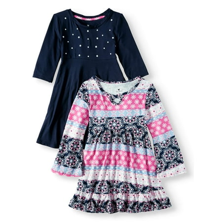 Girls' Print and Pearl Stud Soft Knit Dresses, 2-Pack